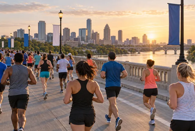 Illustrative view of runners crossing a broad urban bridge above a river.