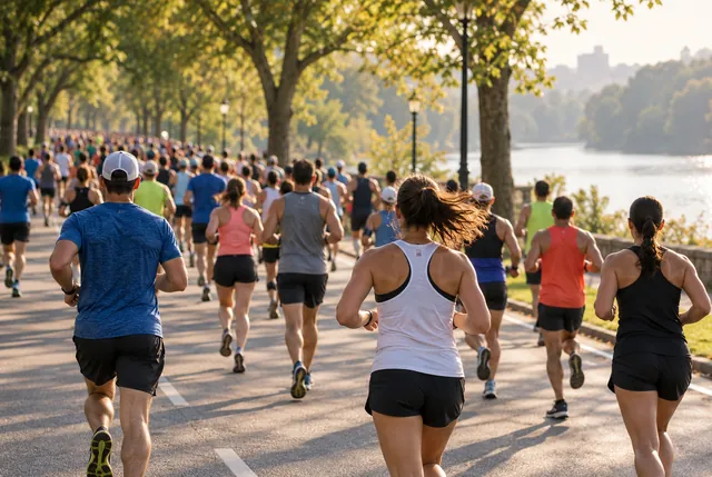 Illustrative view of a long half-marathon field along a tree-lined American parkway.