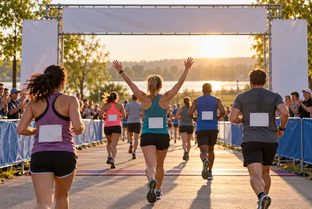 Illustrative view of tired but cheerful runners reaching a simple blank finish chute.