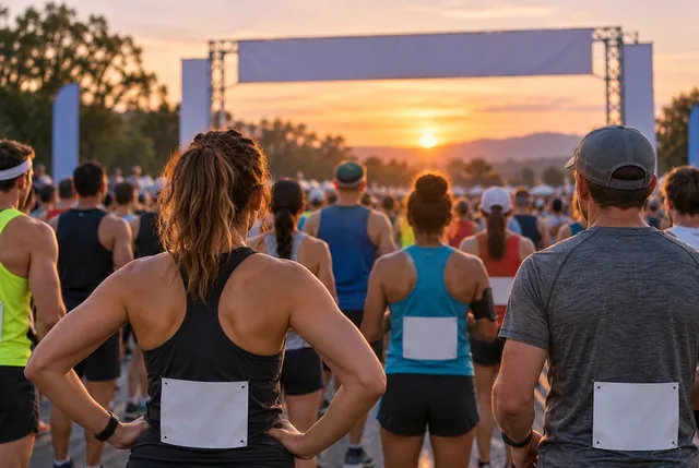 Illustrative view of runners waiting from behind in a wide corral before sunrise.